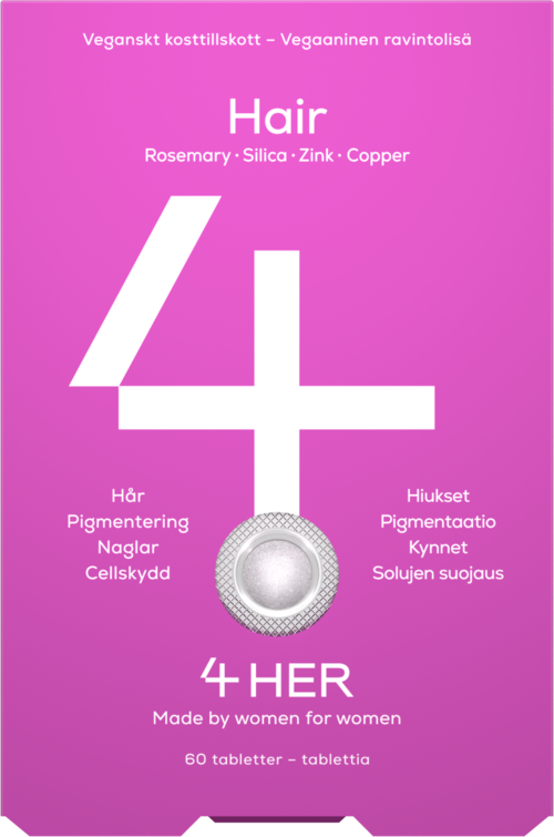A pink package for a women's supplement with large white '4' and '4 HER' text, mentioning hair benefits and ingredients.