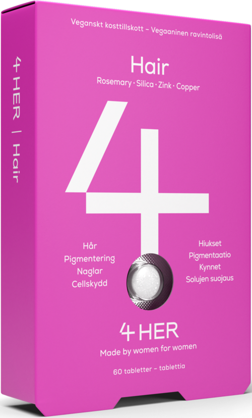 Pink box labeled 'Hair 4 HER' with ingredients and benefits for women's hair care.