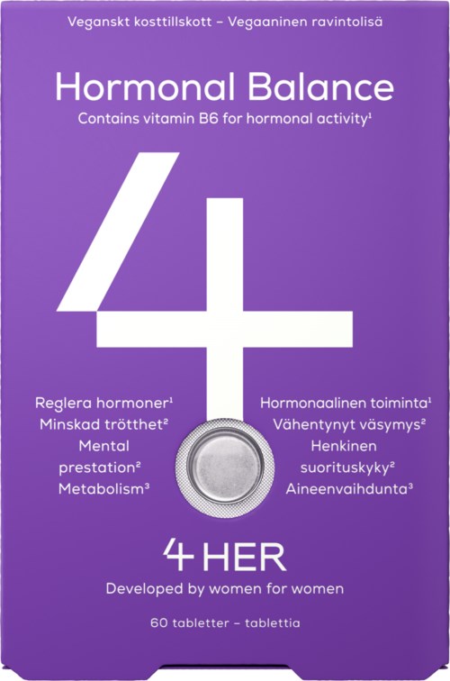 A purple box with white text and a silver circular element, emphasizing hormonal balance and a product for women.