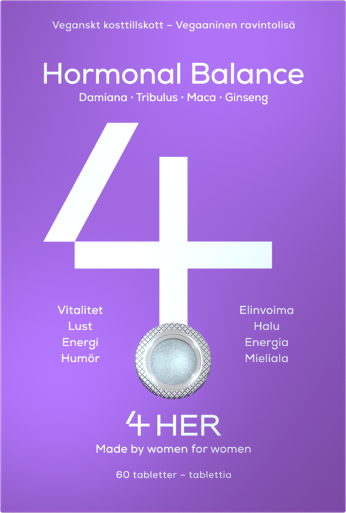 A purple background with white text about a hormone balancing supplement called 4HER, made by women for women, with 60 tablets.