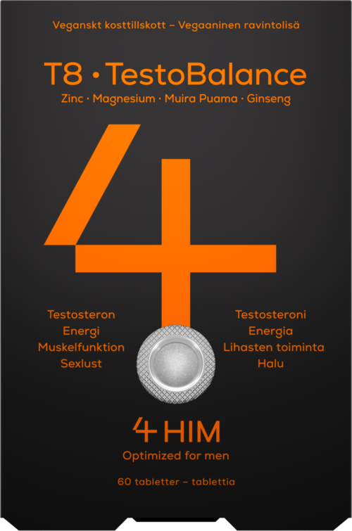 Vegan kosttilskuddmerke for T8 TestoBalance med ingredienser som sink, magnesium, ginseng og produkter for mannlig helse.