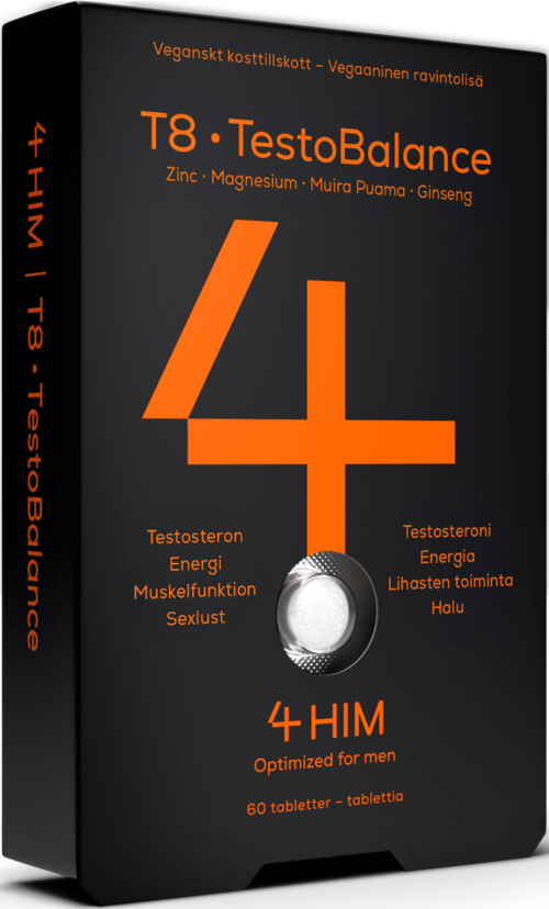 Svart boks med oransje tekst som promoterer TestoBalance for menns helse og energi, med en stor '4' og en knapp.