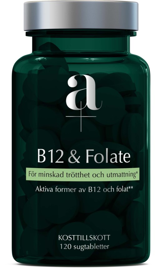 En mørkegrønn kosttilskuddsflaske med grå lokk, merket "B12 & Folate" for å redusere tretthet og utmattelse, inneholder 120 tabletter.