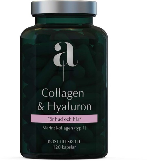 En mörkgrön flaska märkta 'Collagen & Hyaluron' för hud och hår, innehåller 120 kapslar.
