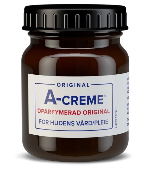 Ein dunkelbrauner Behälter mit schwarzem Deckel, Etikett sagt A-CREME, für Hautpflege, Originalprodukt, auf Deutsch.