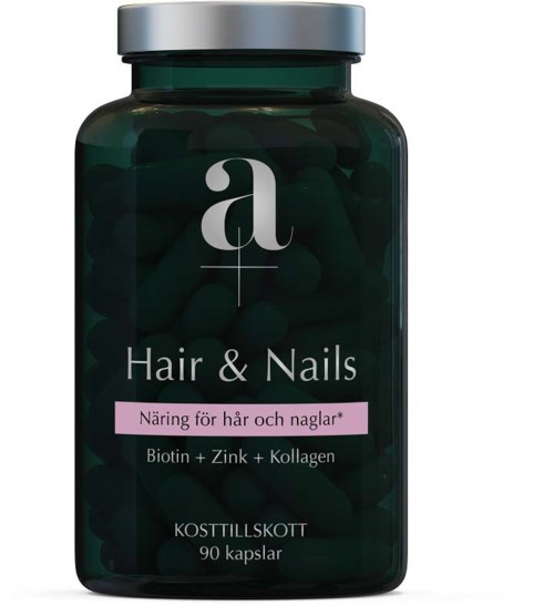 Flaske med kosttilskudd for hår og negler med biotin, sink og kollagen, 90 kapsler, i mørkegrønn emballasje.