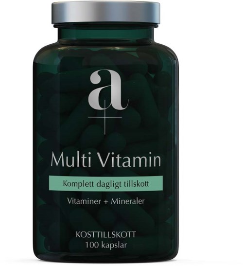 Bottle of multivitamins with a green label and silver cap, containing 100 capsules.