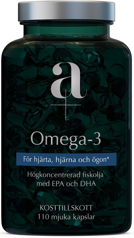 A bottle labeled Omega-3 capsules, dark green with silver lid, contains fish oil for heart, brain, and eyes health.