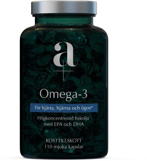 A dark green bottle labeled Omega-3 supplement for heart, brain, and eyes with 110 soft capsules.
