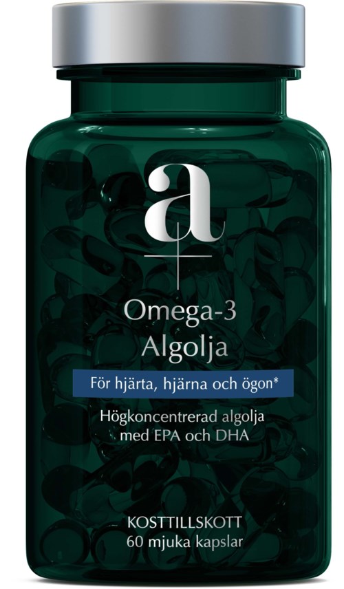 Mörkgrön flaska märkt Omega-3-algerkapslar för hjärta, hjärna och ögon. Innehåller EPA och DHA. 60 mjuka kapslar.