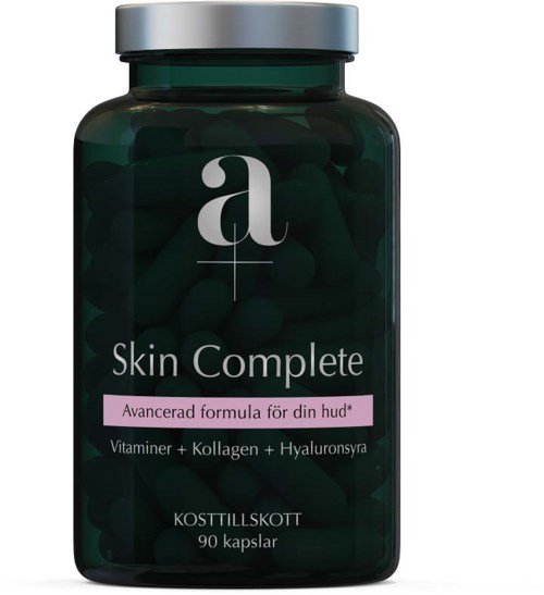 En mørkegrønn flaske med sølvkapsel merket 'a Skin Complete' som inneholder 90 kapsler, fremmer hudhelse.