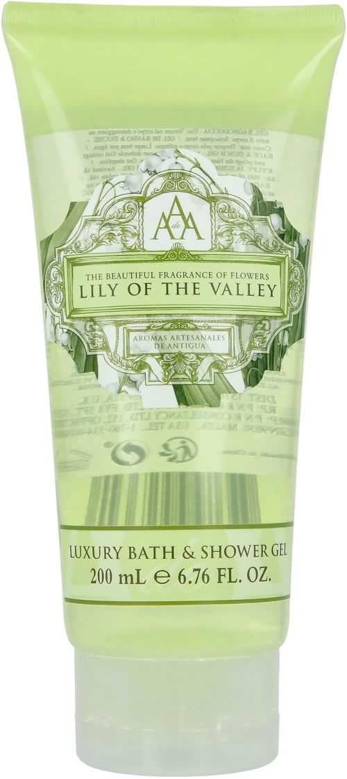 Green tube containing Lily of the Valley bath and shower gel, 200 ml, with decorative label. Focus on packaging and size.