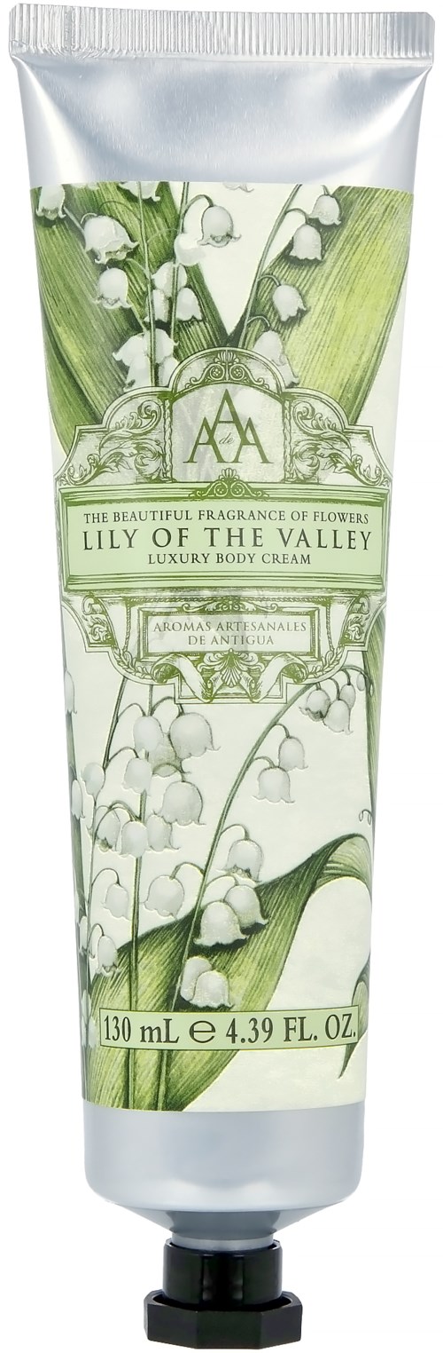 A green and white floral design on a tube of Lily of the Valley scented body cream.