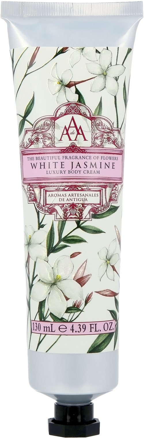 A tube of body cream with white flowers and green leaves on the packaging. It is called White Jasmine.