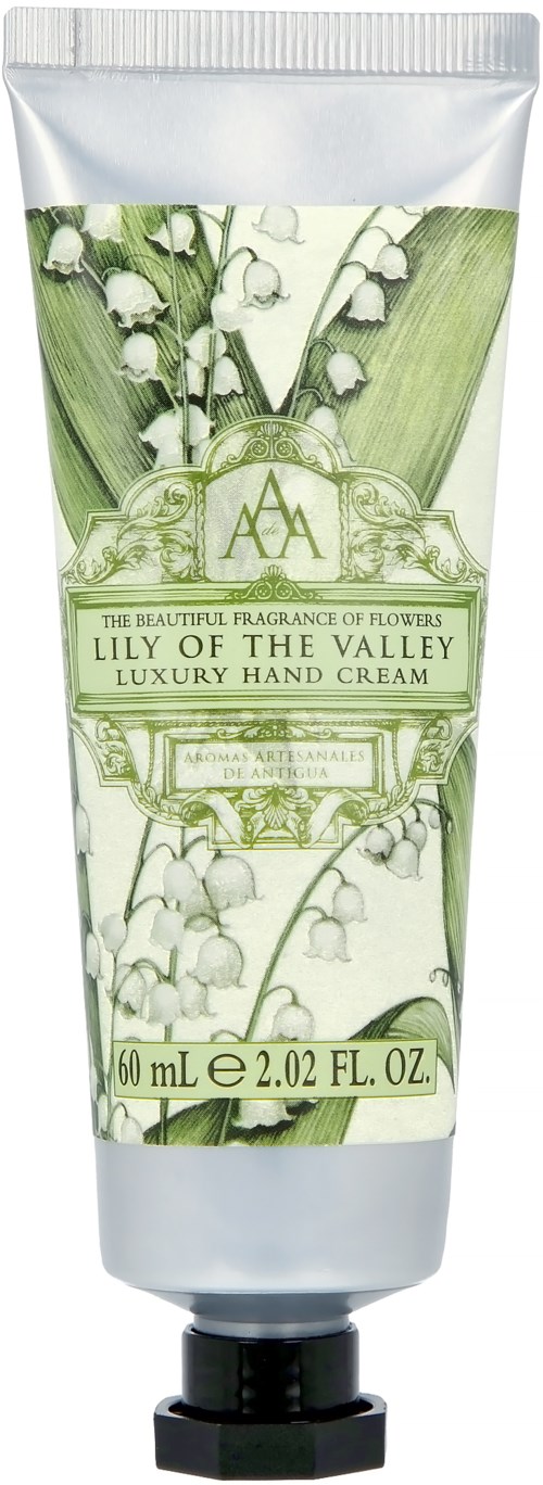 A white tube with green lilies of the valley, labeled Lily of the Valley luxury hand cream, size 60ml.