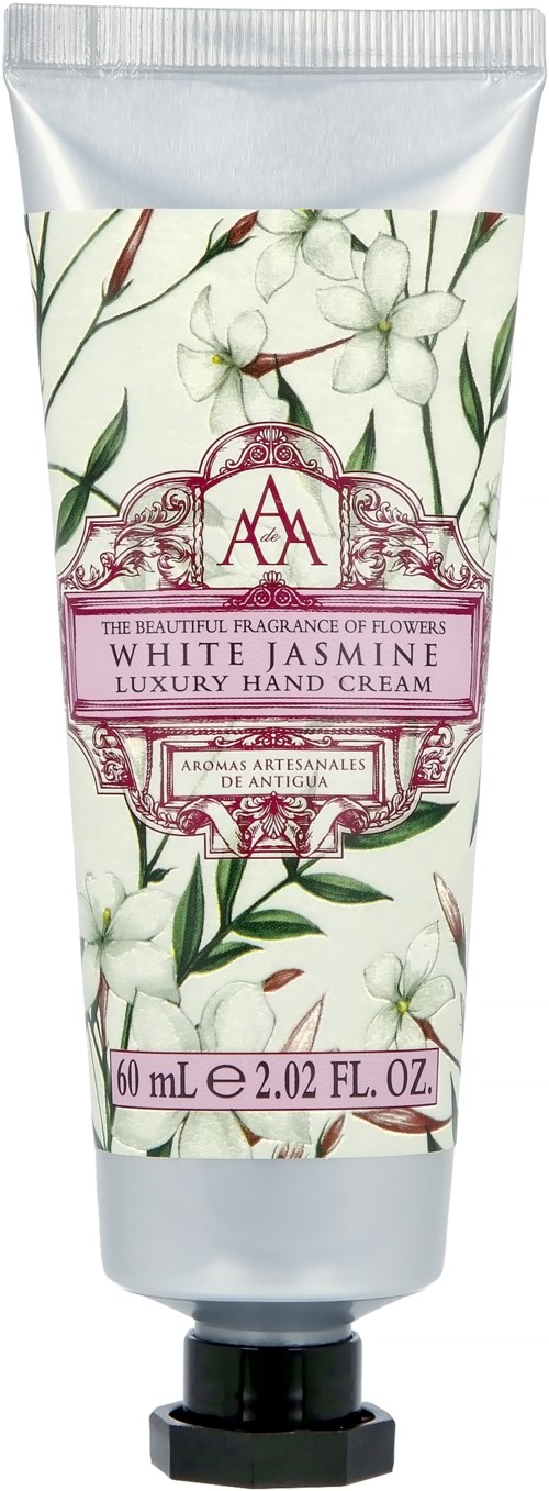 A white jasmine hand cream tube with floral design and pink label. It states 'Luxury Hand Cream' and '60 mL'.