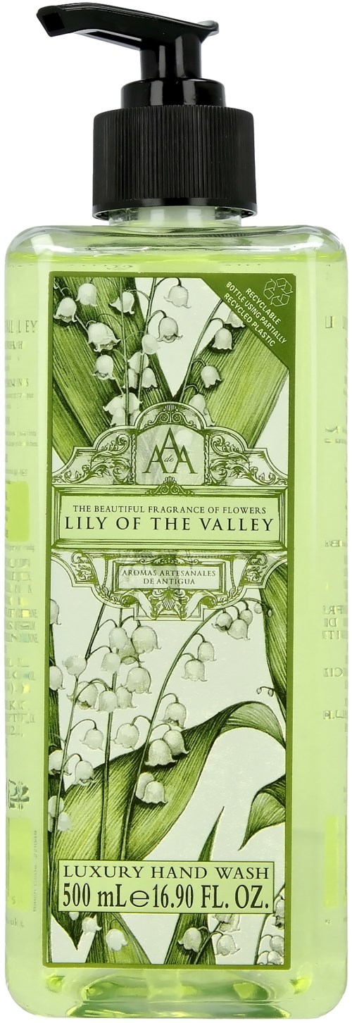 A clear plastic bottle with a black pump, filled with green hand wash, featuring a lily of the valley illustration.