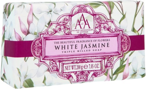 A soap box with a floral white and pink design, label says 'White Jasmine' with soap weight details.