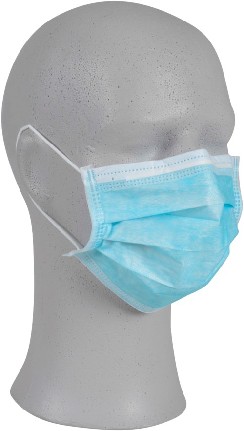 A mannequin head wearing a blue surgical mask covering its nose and mouth.