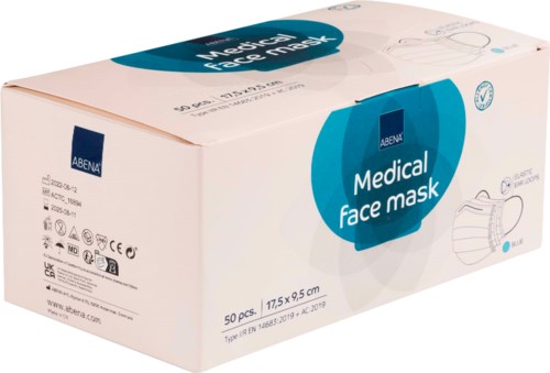 A box with 50 medical face masks, blue and white design, brand name 'ABENA', size 17.5 x 9.5 cm.