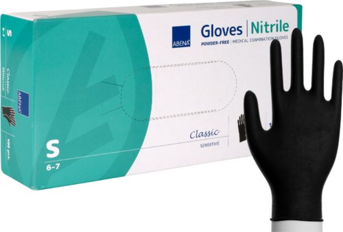 Black nitrile gloves in a box, size small, used for medical or examination purposes.