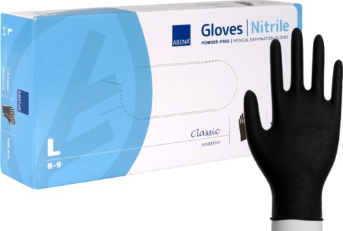 A box of black nitrile medical examination gloves, size large, with one glove displayed next to the box.