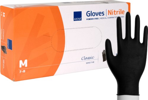 Box of black nitrile gloves labeled for sensitive skin, size medium, with a glove shown partly outside.