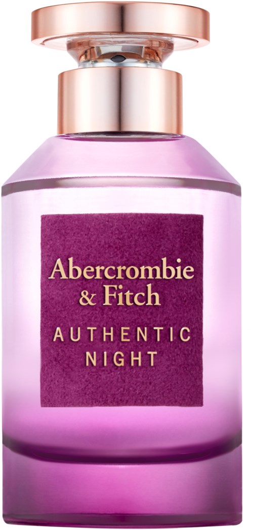 Een paarse parfumfles met roségoudkleurige dop, gelabeld 'Abercrombie & Fitch AUTHENTIC NIGHT.'