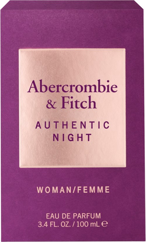 Een paarse parfumdoos met een roze centrum. Het zegt Abercrombie & Fitch, Authentic Night, Woman, Eau de Parfum.