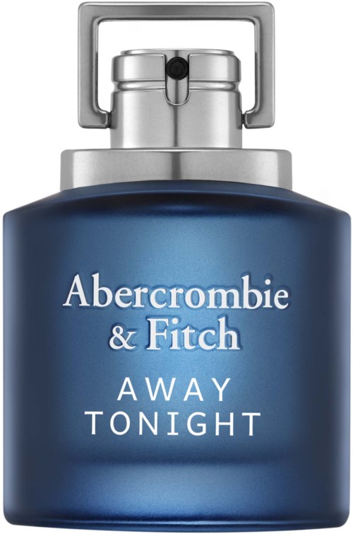 Een marineblauwe parfumfles met zilveren dop, gelabeld 'Abercrombie & Fitch Away Tonight.'