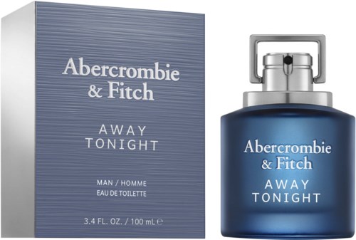 Een parfumfles en doos in blauwe kleur met witte tekst die Abercrombie & Fitch Away Tonight aangeven.