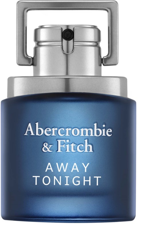 Een fles parfum van Abercrombie & Fitch genaamd 'Away Tonight' met een metalen dop en blauwe fles.