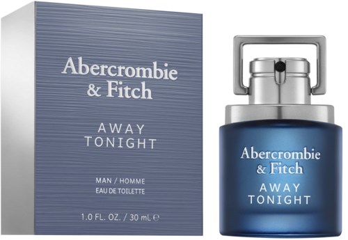 Een parfumfles en doos in blauw en zilver, met label Abercrombie & Fitch Away Tonight, voor mannen.