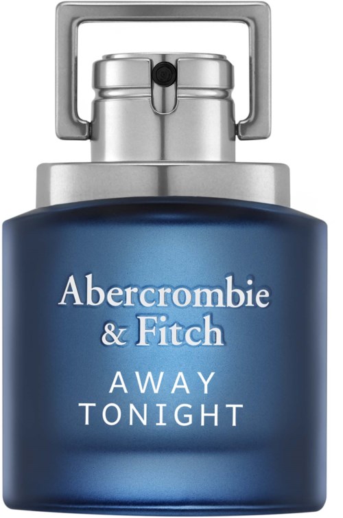 Een donkerblauwe fles met een zilveren dop, met het label 'Abercrombie & Fitch Away Tonight'.