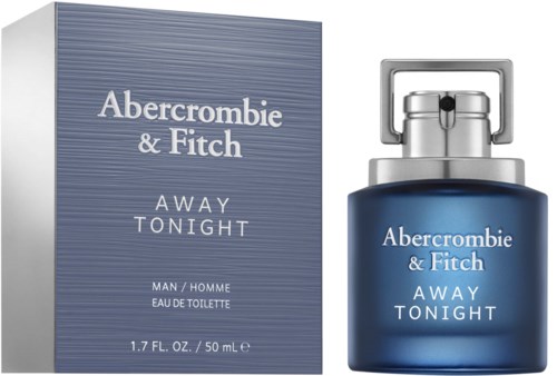 Een blauw parfumflesje en doos tonen de geur Abercrombie & Fitch Away Tonight.