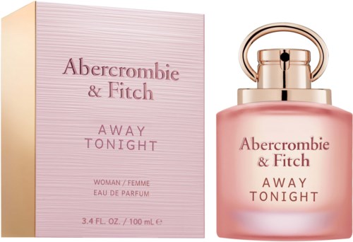 Een roze parfumfles met een gouden dop en het Abercrombie & Fitch-logo staat naast een bijpassend doosje.