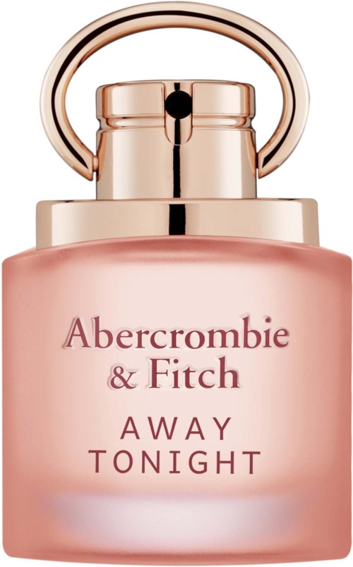 Een roze parfumfles met een gouden dop en een ronde handgreep. Het heeft de woorden 'Abercrombie & Fitch Away Tonight' erop.