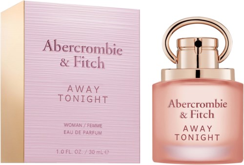 Een parfumfles en doos met 'Abercrombie & Fitch Away Tonight' in roze en goud.