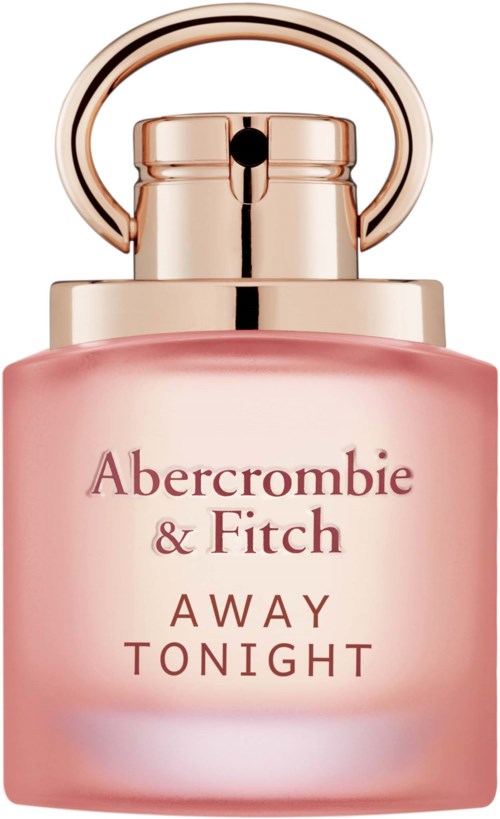 Roze parfumfles met gouden dop, met label 'Abercrombie & Fitch Away Tonight'.
