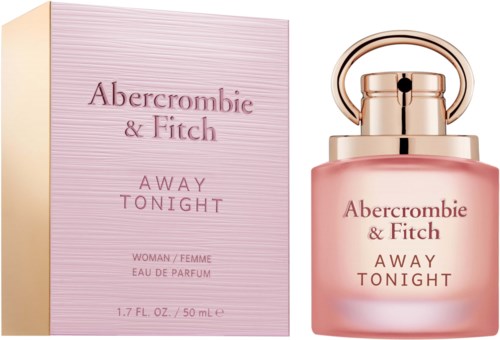 Een roze parfumfles en bijpassend doosje met gouden details, tonen 'Abercrombie & Fitch Away Tonight'.