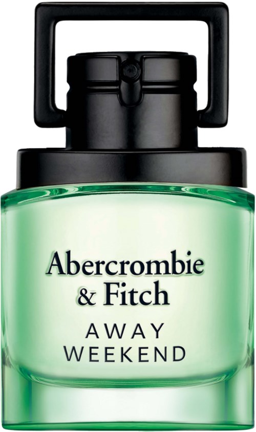 Groene parfumfles met zwarte dop, gelabeld 'Abercrombie & Fitch Away Weekend'.