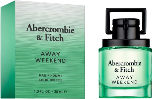 Een parfumfles en doos met de tekst "Abercrombie & Fitch Away Weekend" in groene verpakking.