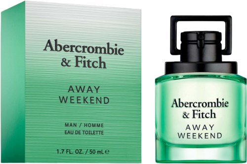 Een parfumfles en doos voor Abercrombie & Fitch Away Weekend, met groene fles en zwarte dop.