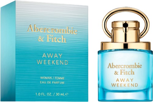 Een parfombot en doos met blauw en goud, met label Abercrombie & Fitch Away Weekend voor vrouwen.