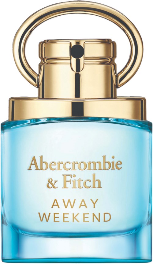 Een blauwe parfumbottle met een gouden dop en ring, gelabeld "Abercrombie & Fitch AWAY WEEKEND."