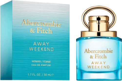 Een blauwe parfumfles en doos met gouden lettering voor Abercrombie & Fitch Away Weekend.