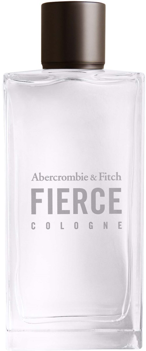 Een doorzichtige parfumfles met een zwarte dop, gelabeld 'Abercrombie & Fitch FIERCE COLOGNE'.