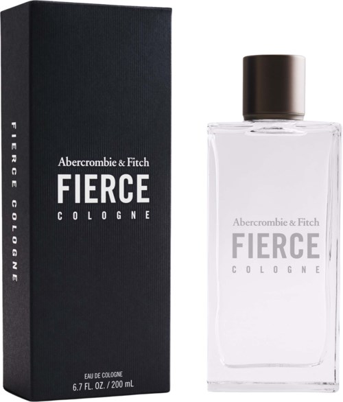Een parfumfles en doos met de woorden "Abercrombie & Fitch FIERCE COLOGNE" en een eenvoudige doorzichtige fles met een zwarte dop.