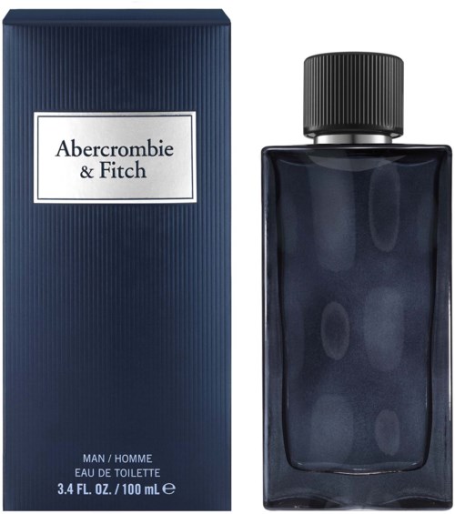 Donkerblauw Abercrombie & Fitch parfumdoos en fles, beiden met eenvoudig ontwerp en zwart deksel.