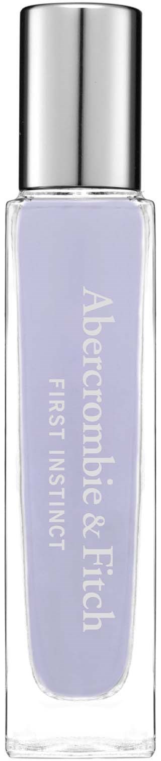 Een klein flesje met lichte vloeistof, zilveren dop en de tekst "Abercrombie & Fitch FIRST INSTANT".